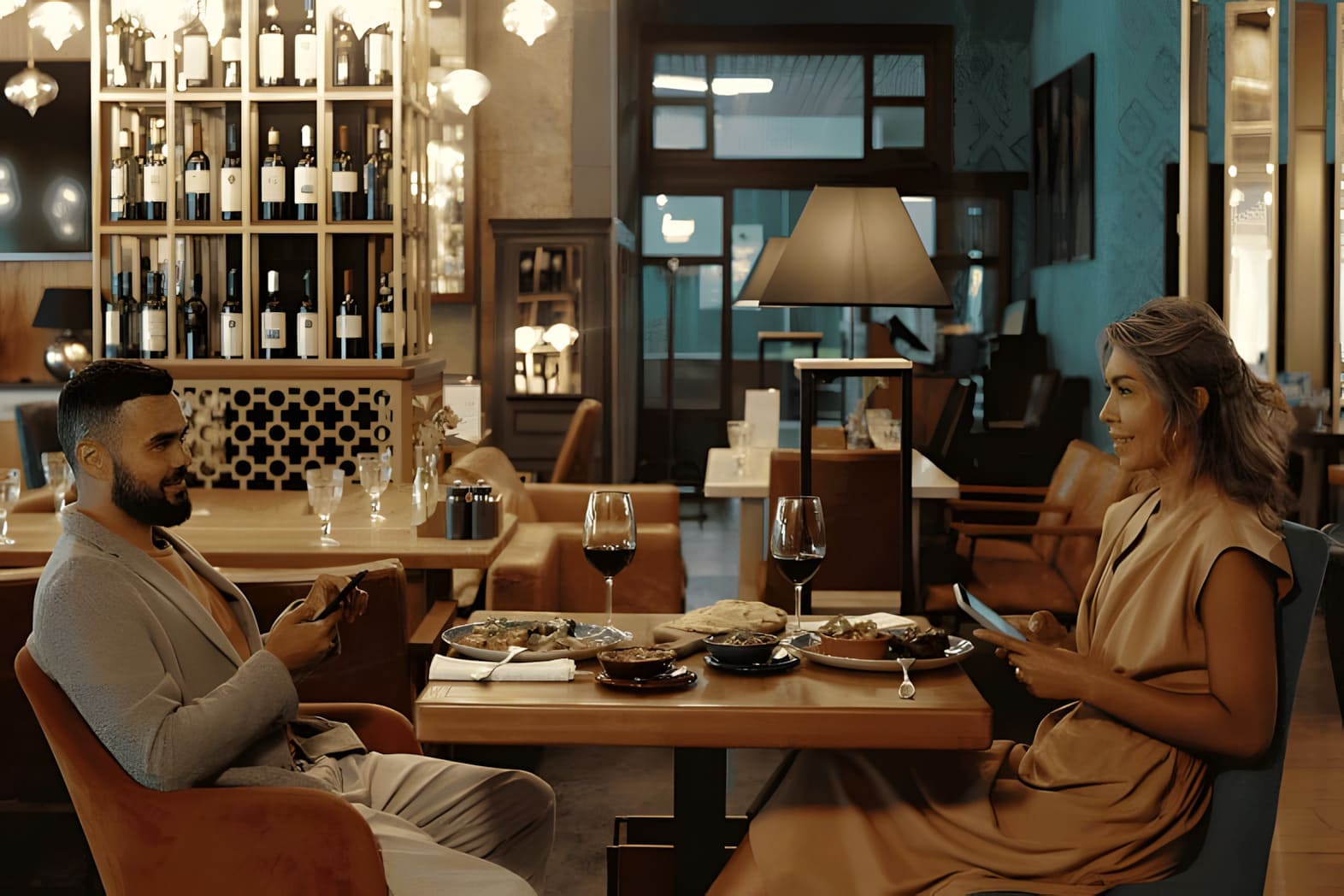 A couple enjoying a calm, meaningful conversation at a premium restaurant